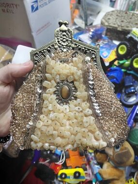 Beaded Cream Evening Clutch with Ornate Metal Frame - Unbranded
